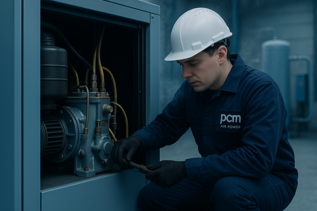 PCM Air Power engineer performing winter maintenance on a BOGE air compressor in a Belfast workshop.