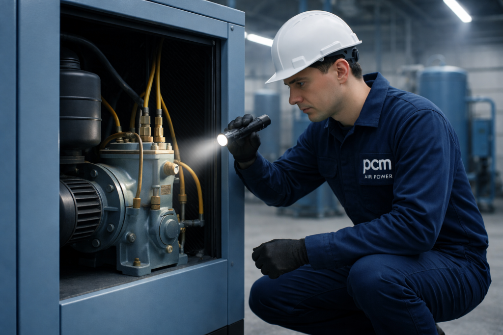 Compressed air moisture problems identified during air compressor inspection by PCM Air Power engineer