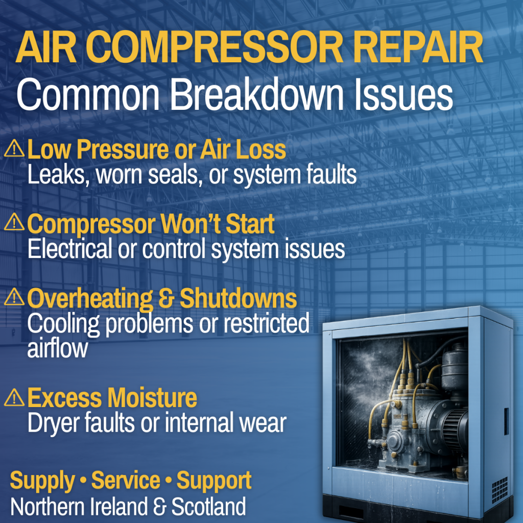 air compressor repair Belfast illustration showing a faulty industrial compressor