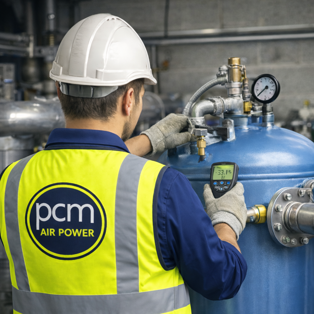 PCM Airpower engineer inspecting compressed air system using a dew point meter